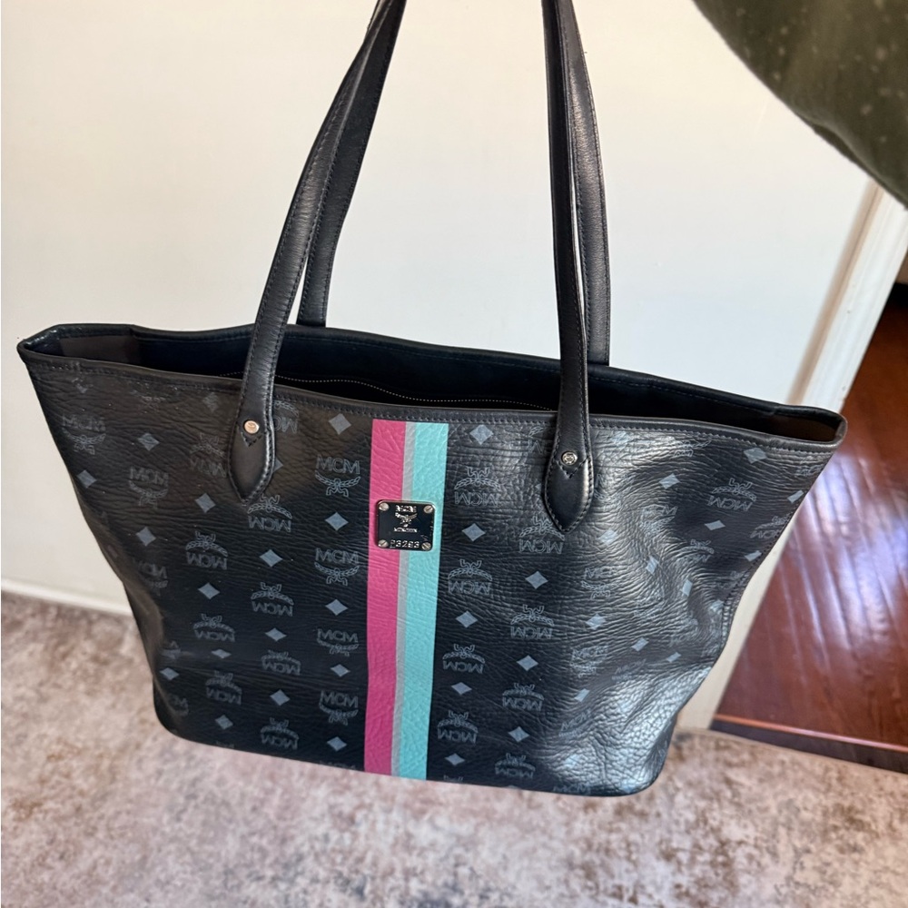 MCM Black Logo Tote with Pink & Teal Center Stripe
